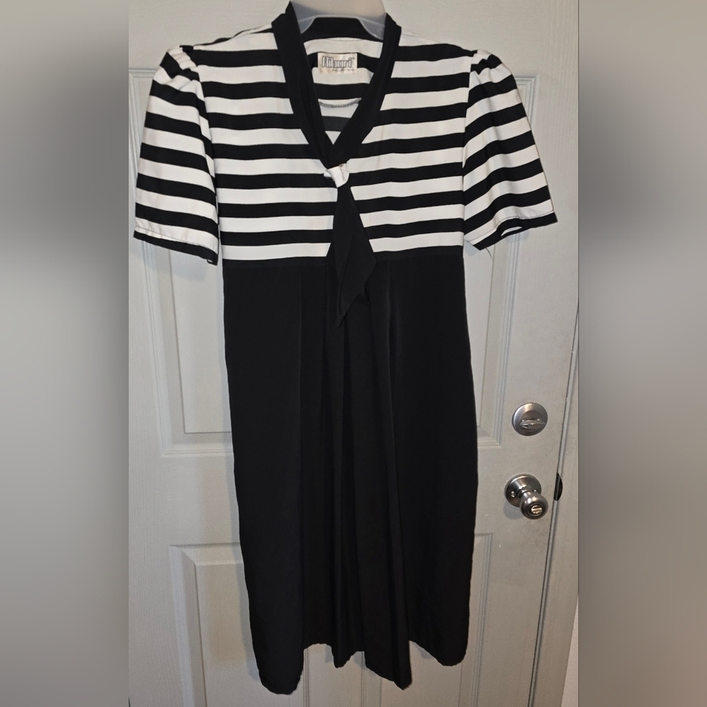 Vintage Ribori Black White Striped Tie Neck Midi Dress Costume Up to Women's L - Picture 9 of 10